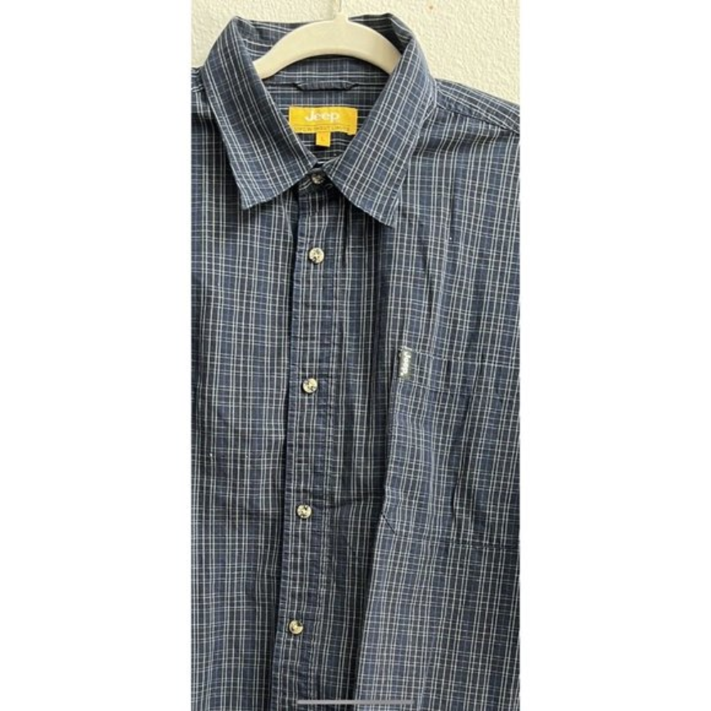 JEEP Logo Chrysler Shirt Men's L Blue/gray Long Sleeve Plaid‎ Button Down Large